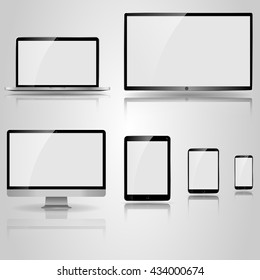 Realistic mockup devices. TV screen, LCD monitor and notebook, small tablet, tablet computer, mobile phone.