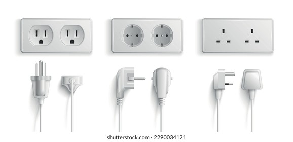 Realistic mockup of electric wall sockets and plugs with different port connectors white set isolated vector illustration