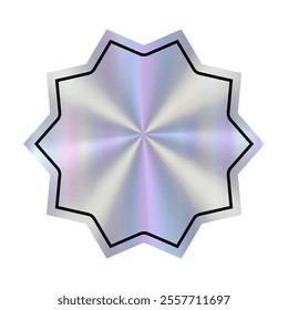 Realistic mockup hologram snowflake sticker. Holographic empty star label, stamp in rainbow colors. Line with jagged edges. Illustration of silhouette blank for tag, badge, certificate, coupon