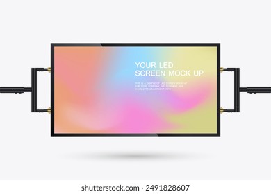 A realistic mock-up of an LED screen prominently displaying a gradient background. The screen is placed at the center, with a sleek black frame surrounding it