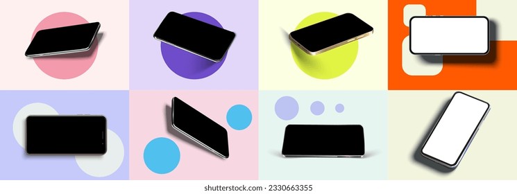 Realistic mockup of mobile phone with empty display front and angle view. Smartphone frame with blank display isolated. Vector illustration