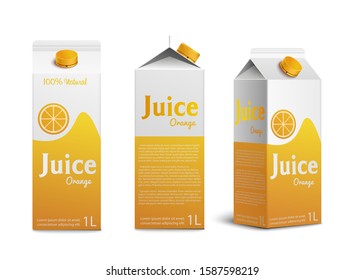 Realistic mockup of pack and box of orange juice. Set of cardboard boxes and packaging for orange juice and drinks, view from different sides. Isolated realistic vector illustration.