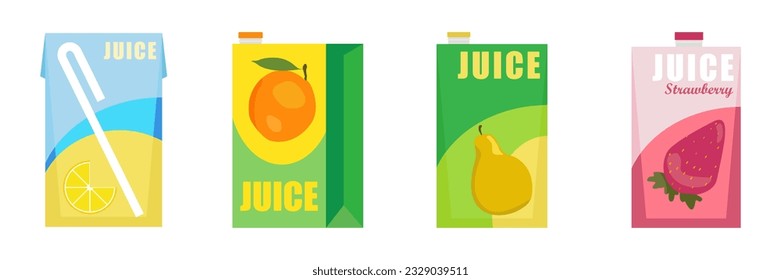 Realistic mockup of pack and box of orange juice. Set of cardboard boxes and packaging for orange juice and drinks, view from different sides. Isolated realistic vector illustration