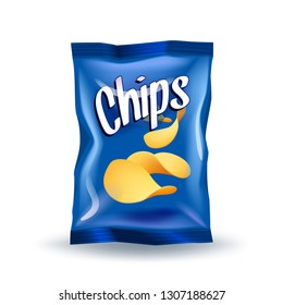 Realistic mockup package of blue chips package with label isolated on white background, foil bags with potato snack, vector illustration