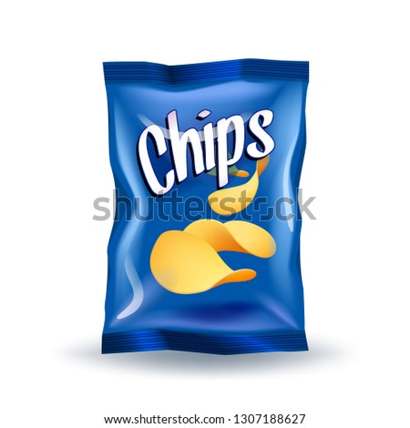 Realistic mockup package of blue chips package with label isolated on white background, foil bags with potato snack, vector illustration