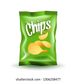 Realistic mockup package of green chips package with label isolated on white background, foil bags with potato snack, vector illustration