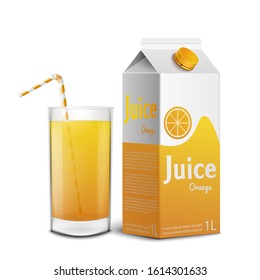 Realistic mockup of a package of orange juice and a glass with a straw, isolated vector illustration of a drink.