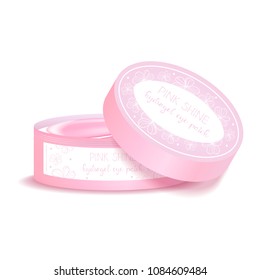 Realistic mockup package, plastic round jar for pink hydrogel eye patch. Isolated vector illustration.