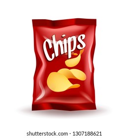 Realistic Mockup Package Of Red Chips Package With Label Isolated On White Background, Foil Bags With Potato Snack, Vector Illustration