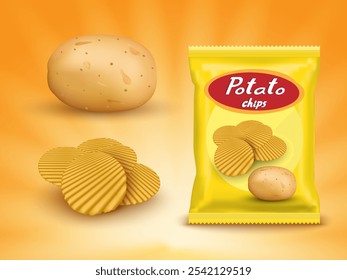 Pacote de maquete realista de pacote de chips amarelos com rótulo isolado no fundo amarelo, sacos de folha com lanche de batata, ilustração vetorial EPS 10.