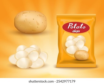 Realistic mockup package of yellow chips package with label isolated on yellow background, foil bags with potato snack, vector illustration EPS 10.