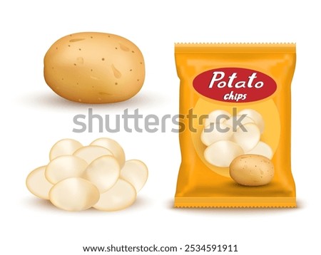 Realistic mockup package of yellow chips package with label isolated on white background, foil bags with potato snack, vector illustration EPS 10.