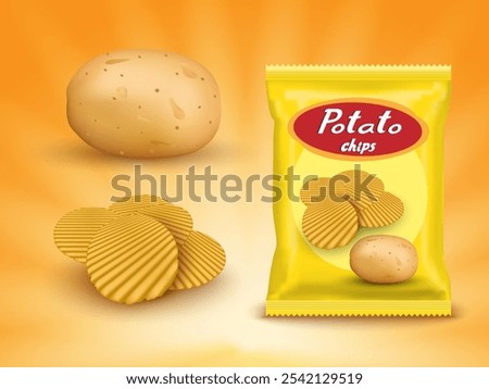 Realistic mockup package of yellow chips package with label isolated on yellow background, foil bags with potato snack, vector illustration EPS 10.