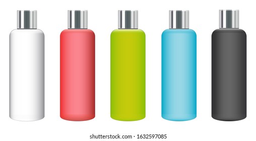 Realistic mock-up packaging  bottle in various colors with shiny metal gradient caps.