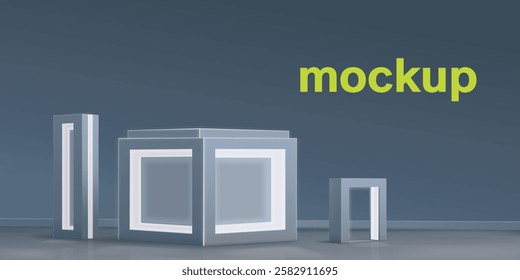 Realistic mockup of a pedestal, stand in a minimalist style with LED backlighting. Vector template of a pedestal box for goods, things, store, business, advertising. Design of commercial equipment.