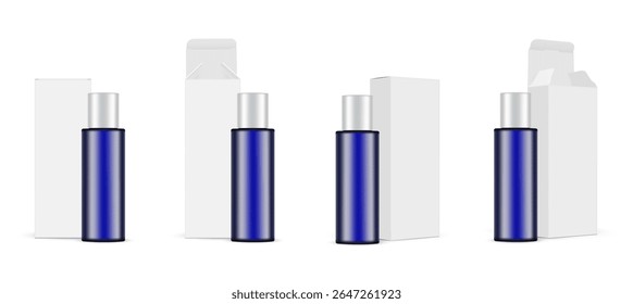 Realistic mockup set of a blue cosmetic bottle with silver cap and blank white packaging box. Multiple views of closed and open box. Vector template for branding, product design or advertising present