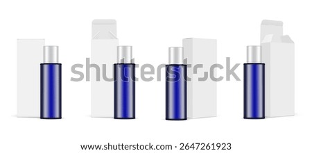 Realistic mockup set of a blue cosmetic bottle with silver cap and blank white packaging box. Multiple views of closed and open box. Vector template for branding, product design or advertising present