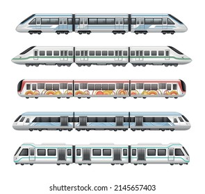 Realistic mockup set of five passenger subway trains with different livery isolated against white background vector illustration
