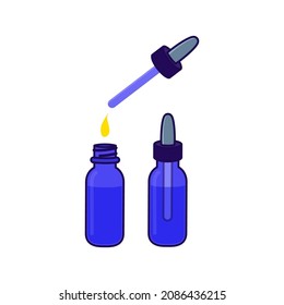 Conjunto realista de botellas de gafas de vidrio con tapa cerrada y abierta. Esencia sérica cosmética goteando. Un tarro de aceite se burla de un tratamiento de belleza. Ilustración vectorial.