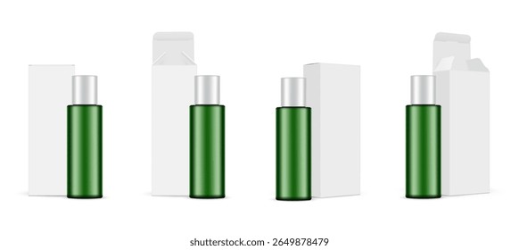 Realistic mockup set of a green cosmetic bottle mockup with silver cap and blank white packaging box. Multiple views of closed and open box. Vector template for branding, product design or advertising