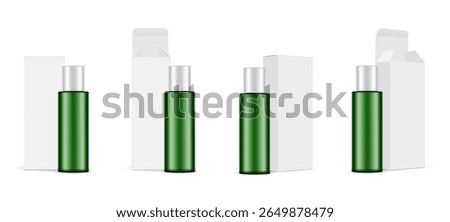 Realistic mockup set of a green cosmetic bottle mockup with silver cap and blank white packaging box. Multiple views of closed and open box. Vector template for branding, product design or advertising