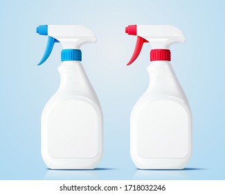 Realistic mock-up set of white plastic trigger spray bottles, isolated on light blue background, 3d illustration