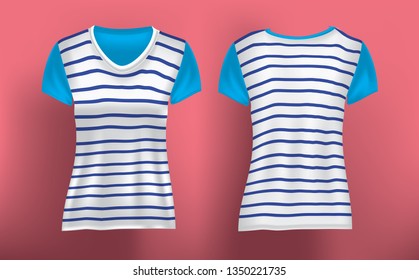 Realistic mockup striped women's T shirt front and back in vector illustration