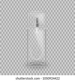 Realistic mock-up, template of flacon spray for freshness, lotion. Cosmetic spray, mockup design. Care of female beauty. Cosmetic ads template. Realistic mock-up, transparent. Vector illustration.