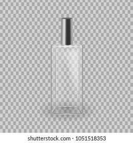 Realistic mock-up, template of flacon spray for freshness, lotion. Cosmetic spray, mockup design. Care of female beauty. Cosmetic ads template. Realistic mock-up, transparent. Vector illustration.