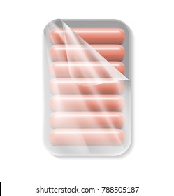 Realistic mockup template polystyrene tray container with sausages. Vector illustration isolated on white background, ready to use for your design.