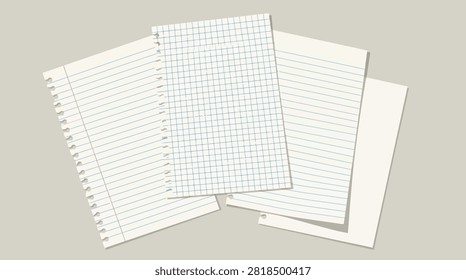 Realistic mockup of various stacked notebook paper sheets with lined, grid, and blank pages on a neutral grey surface background