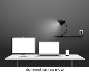 Realistic Mockup Vector of Opened Laptop, Flat Screen, Smart Phone