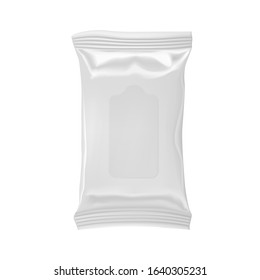 Realistic mockup of wet wipe pack isolated on white background. White plastic container template ready for creative design and branding. Product presentation and marketing vector illustration.