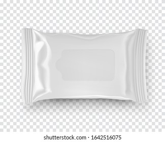 Realistic mockup of wet wipes tissues pack isolated on transparent background. White plastic container template ready for design and branding. Product presentation and marketing vector illustration.