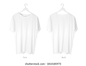 Realistic mockup of a whit shirt on a hanger. Vector illustration isolated on white background. Front and back view. Can be use for template your design, promo, ad. EPS10.	