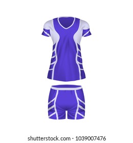 Realistic mockup women t-shirt - tunic, fashion shorts. Women sports short sleeve t-shirt, tunic, football form, short pant. Template clothes mockup, football t-shirt. Front view. Vector illustration.