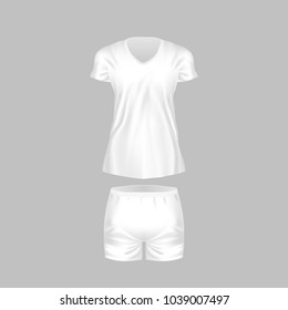 Realistic Mockup Of Women T-shirt - Tunic, Fashion Shorts. Women Sports Short Sleeve T-shirt, Tunic, Football T-shirt, Short Pants. Template Clothes Mockup Tshirt. Front View. Vector Illustration.