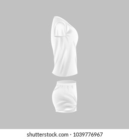 Realistic mockup of women t-shirt - tunic, fashion short. Women sports short sleeve t-shirt, tunic, casual wear, short pants. Template clothes mockup, football t-shirt. Side view. Vector illustration.
