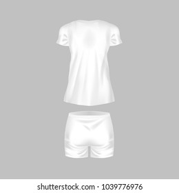 Realistic mockup women t-shirt - tunic, fashion shorts. Women sports short sleeve t-shirt, tunic, casual wear, short pants. Template clothes mockup, football t-shirt. Back view. Vector illustration.