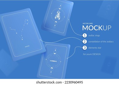 Realistic mockups of blue cards floating in the air background