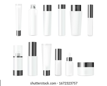 Realistic mockups bundle of bottles for various cosmetics packaging. Cream, lotion, shampoo, gel, powder, balsam package set. White bottles with silvery caps vector illustration. Skincare and beauty