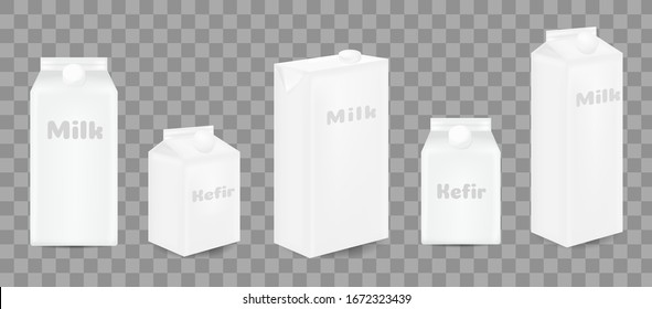 Realistic mockups of cardboard containers for juice or dairy products. Milk, milkshake, yogurt or kefir package set ready for branding. White carton boxes with round screw cap vector illustration.