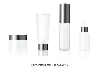 Realistic mockups of containers for cream, essential oil and lotion. Cosmetics product package set for branding. White plastic bottles with silvery caps vector illustration. Skincare and beauty.