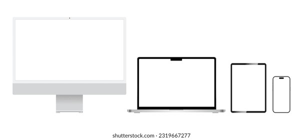 Realistic mockups of devices on isolated background. Vector set of phone, tablet, laptop and computer. Empty screen mock-up, silver design. Vector EPS 10