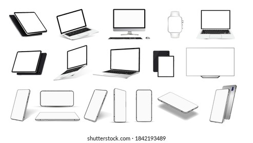 Realistic mockups gadgets and device in vector set. 3D mockups in various positions (isometric, perspective, front view and others). Gadgets set - tablet, laptop, smartphone, tv, pc, monitor and other