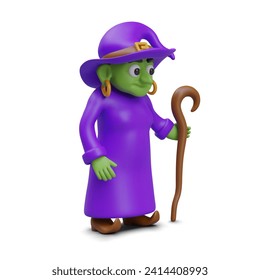 Realistic model of green witch in purple costume. Halloween party season concept. Figure of fantastic person on white background. Vector illustration in 3d style