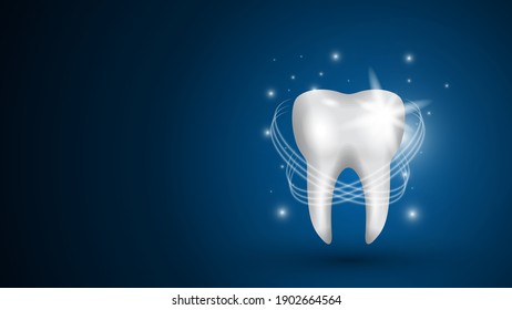 Realistic model of a healthy tooth on a blue background. Teeth whitening concept with glowing effects. Vector 3d