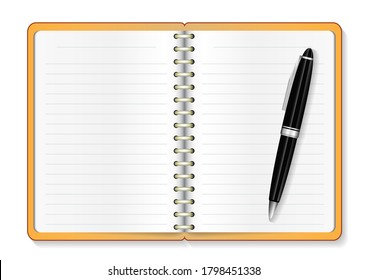 Realistic model opened notebook with a pen. Vector illustration