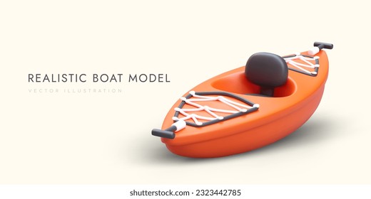 Realistic model of single seater boat. Modern kayak with carrying handles. Orange boat with comfortable seat. Vector concept for travel sites. Equipment for fitness on river, lake