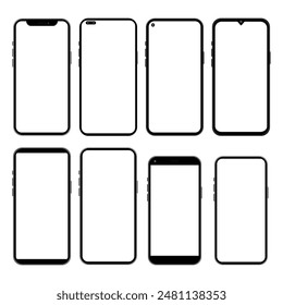 Modelo realista de smartphone con pantalla transparente. Colección de maquetas de teléfonos inteligentes. Vista frontal del dispositivo. Teléfono móvil 3D con sombra sobre fondo transparente. Icono Ilustración vectorial de acciones